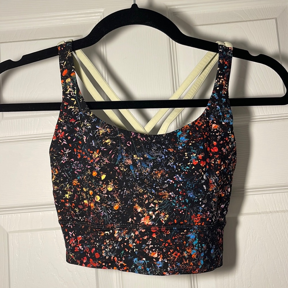 Lululemon Energy long line sports bra, black floral pattern- size 4